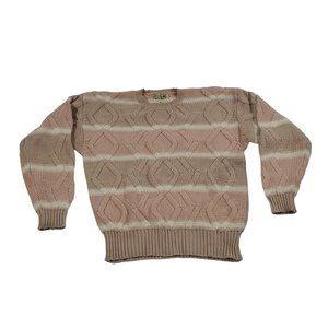 VTG 90s Trellis Chunky Knit Sweater Tan Mauve Zigzag Stripes Crewneck Pullover